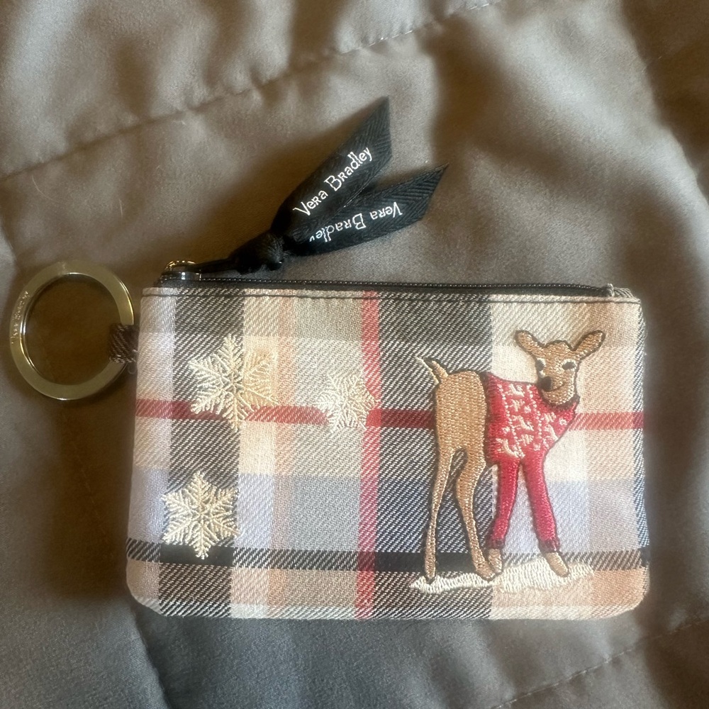 Vera Bradley CHRISTMAS Plaid Keychain Pouch with Snowflake and Reindeer Design